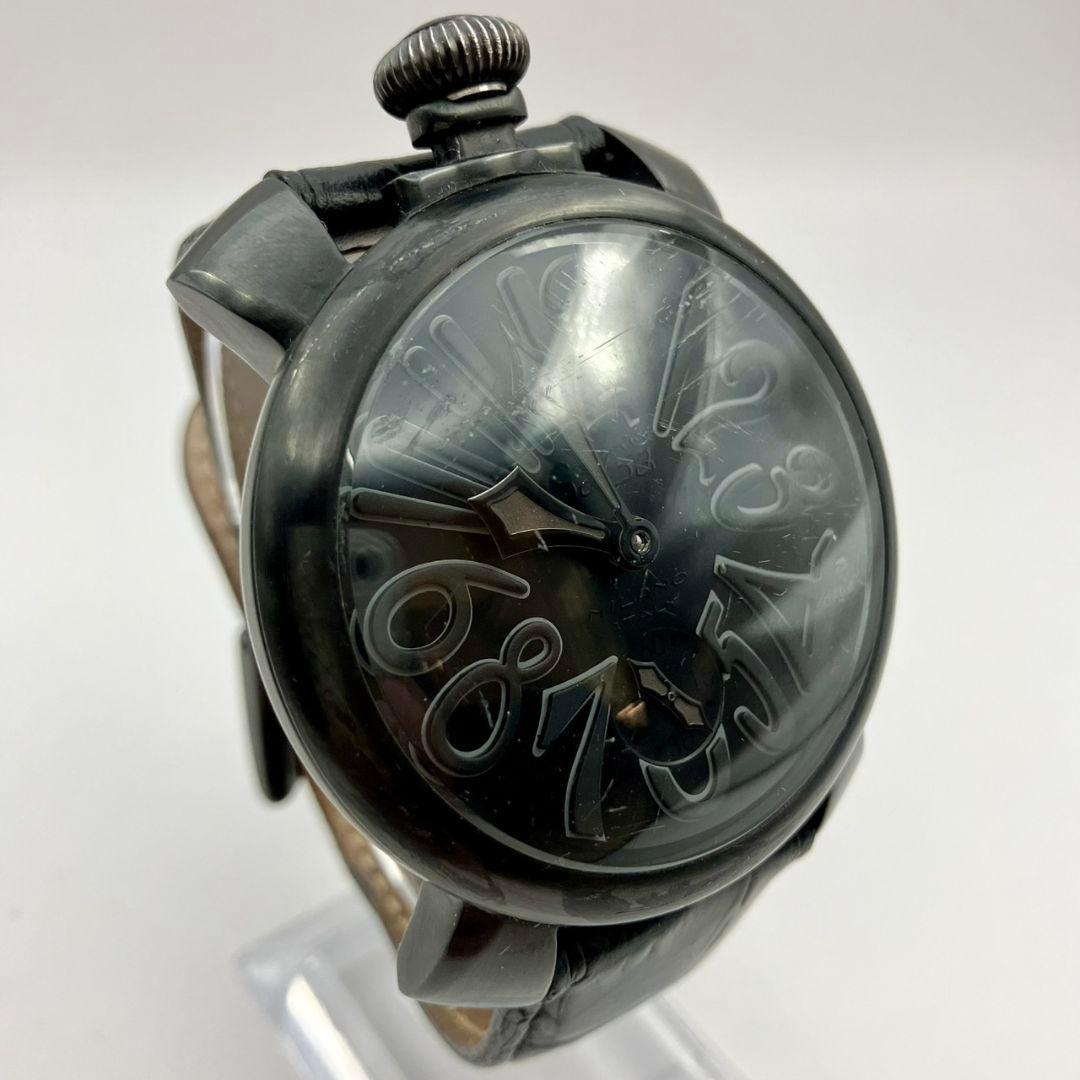 稼働品 ガガミラノ マヌアーレ 48ｍｍ 手巻き オールブラック 腕時計