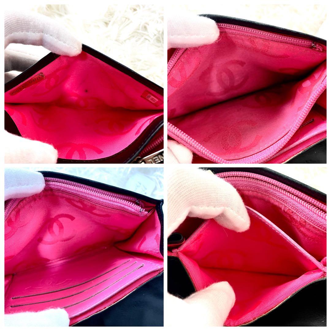 シャネル　CHANEL 二つ折り財布　カンボンライン　ブラック　黒　レザー