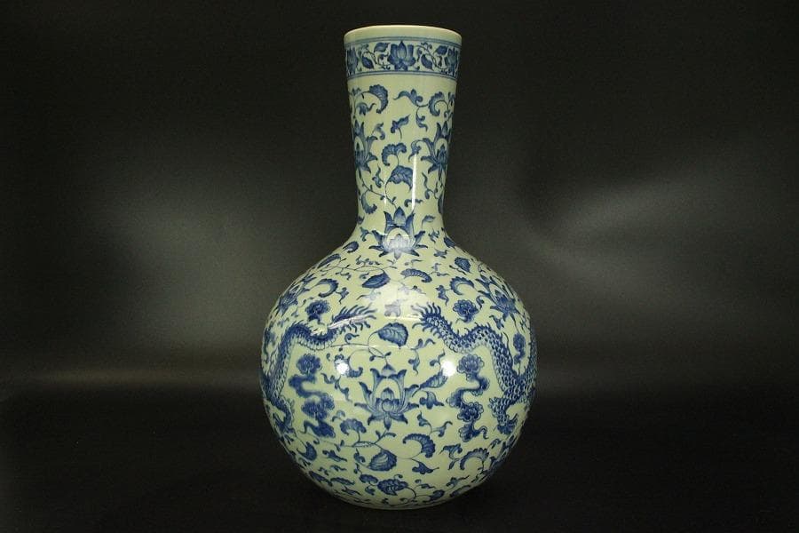 中国美術 青花 纏枝蓮花龍紋 瓶 高44cm(A365)