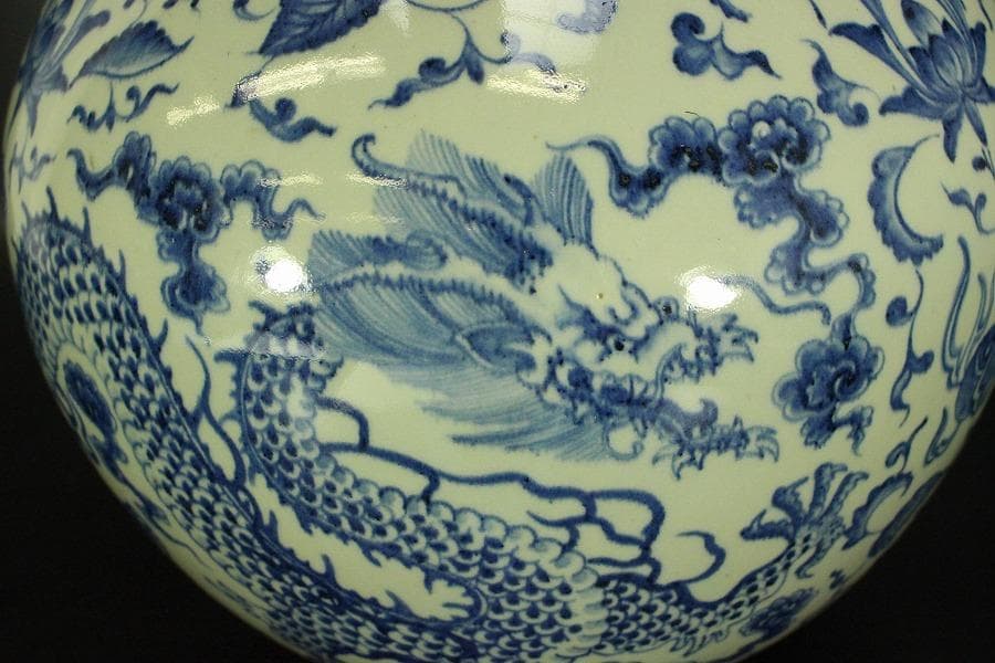 中国美術 青花 纏枝蓮花龍紋 瓶 高44cm(A365)