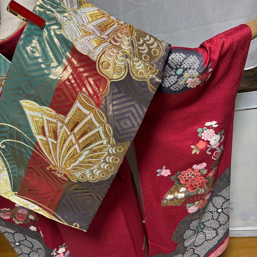 ⁂なお様⁂【振袖フルセット】 +小物・肌襦袢セット 赤 扇花柄 金駒刺繍