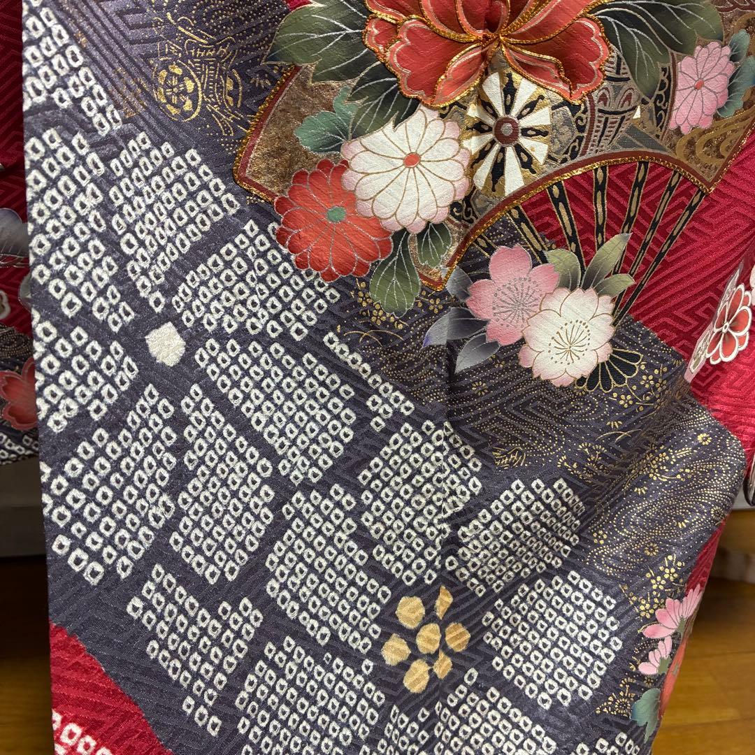 ⁂なお様⁂【振袖フルセット】 +小物・肌襦袢セット 赤 扇花柄 金駒刺繍