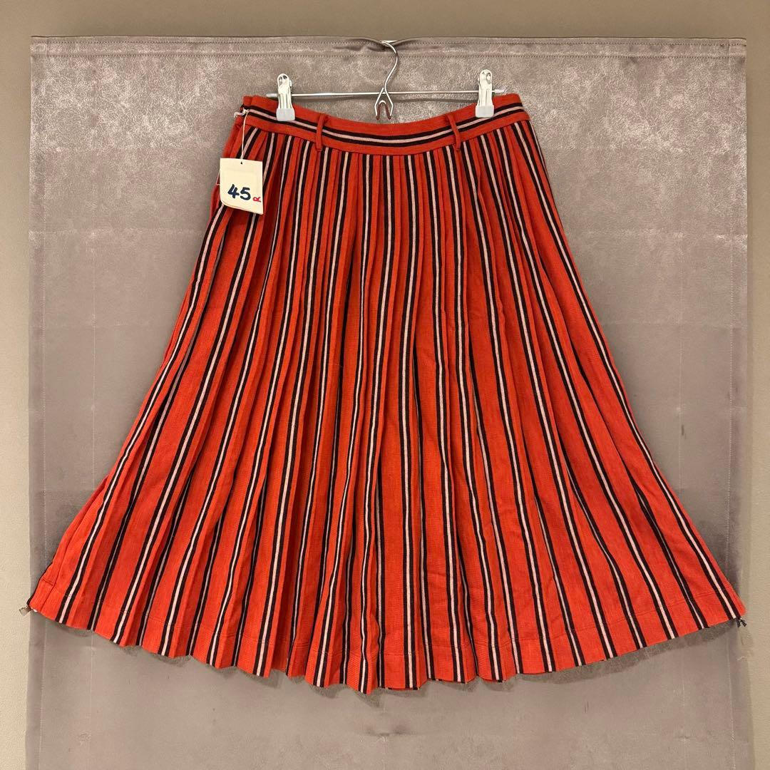 【45R】赤ニット ストライプ プリーツスカート(サイズ2)