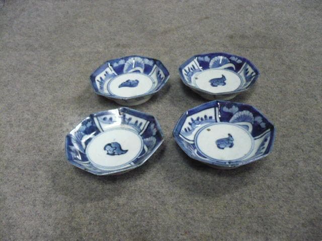 伊万里 草花文 染付 八角 豆皿 4枚 [B31346]