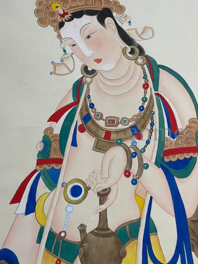 中国古美術・旧藏珍品・張大千款・仏像図・絹本・純手描き・掛軸・中堂畫・郵票落款