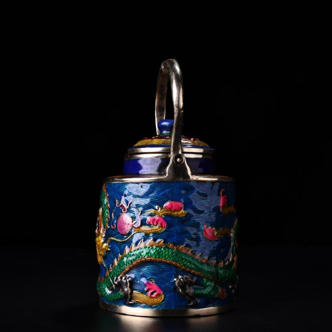 中国古美術『旧蔵 景泰藍盤龍壺』純銅象嵌 琺瑯彩 茶酒壺 酒具 茶道具 急須