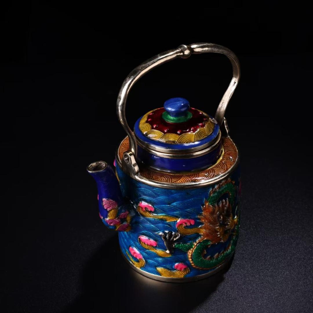 中国古美術『旧蔵 景泰藍盤龍壺』純銅象嵌 琺瑯彩 茶酒壺 酒具 茶道具 急須