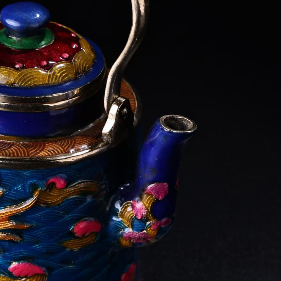 中国古美術『旧蔵 景泰藍盤龍壺』純銅象嵌 琺瑯彩 茶酒壺 酒具 茶道具 急須