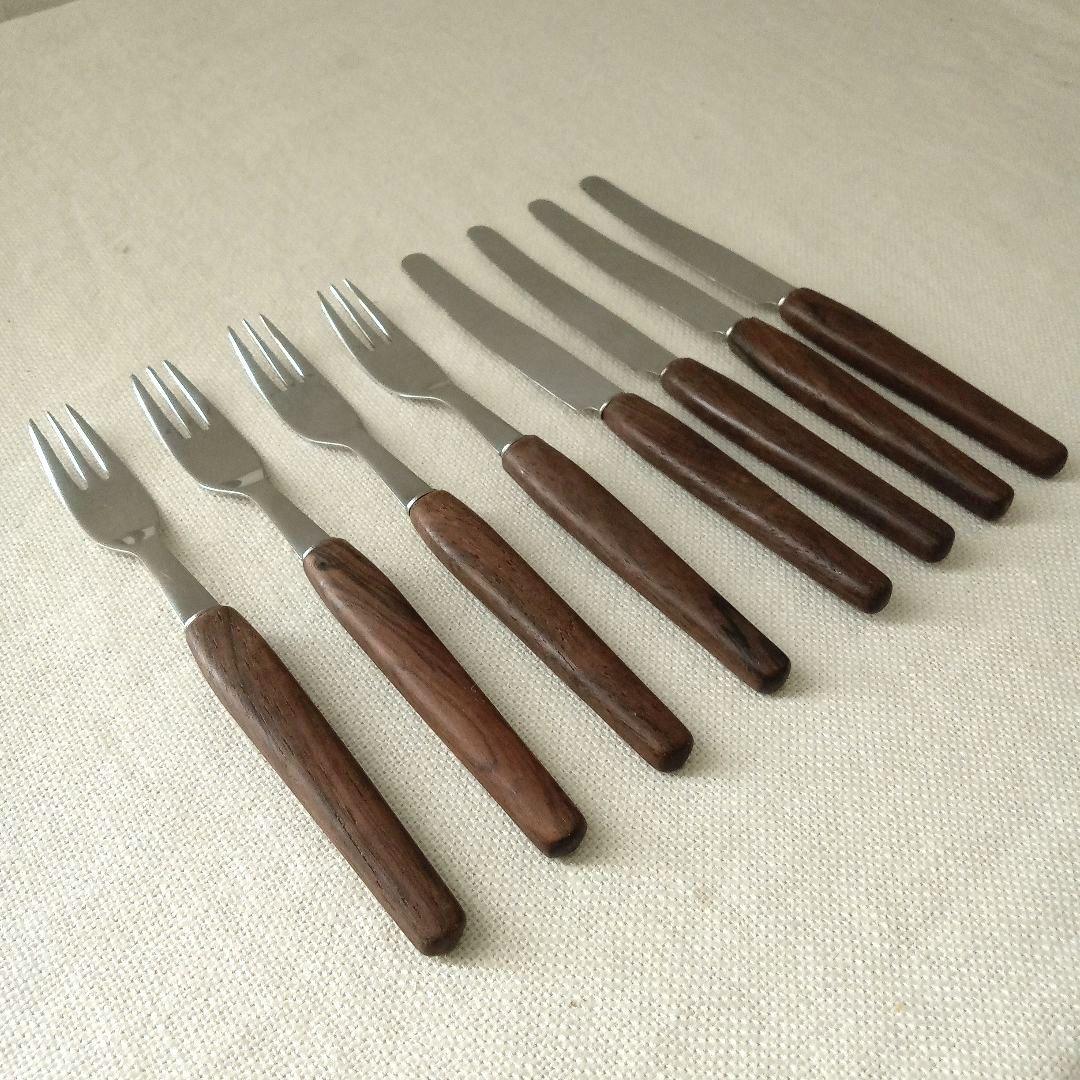 ドイツ・ゾーリンゲン／チークハンドルのフォーク＆ナイフ 8本セット／ヴィンテージ