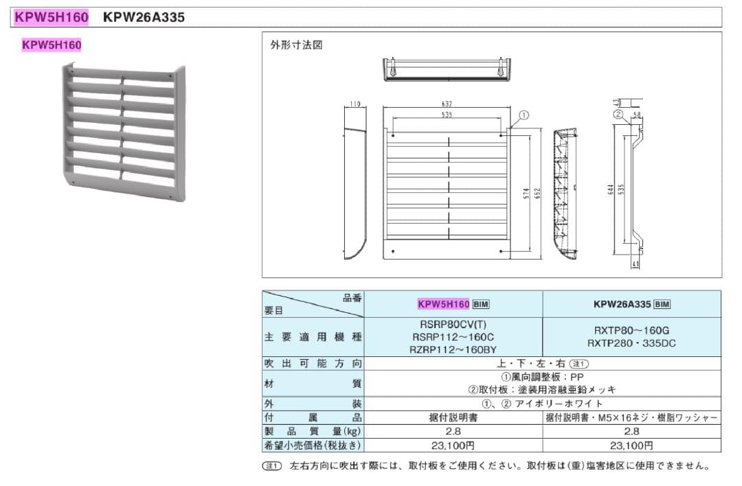 ダイキン/室外機用/風向調整板/KPW5H160