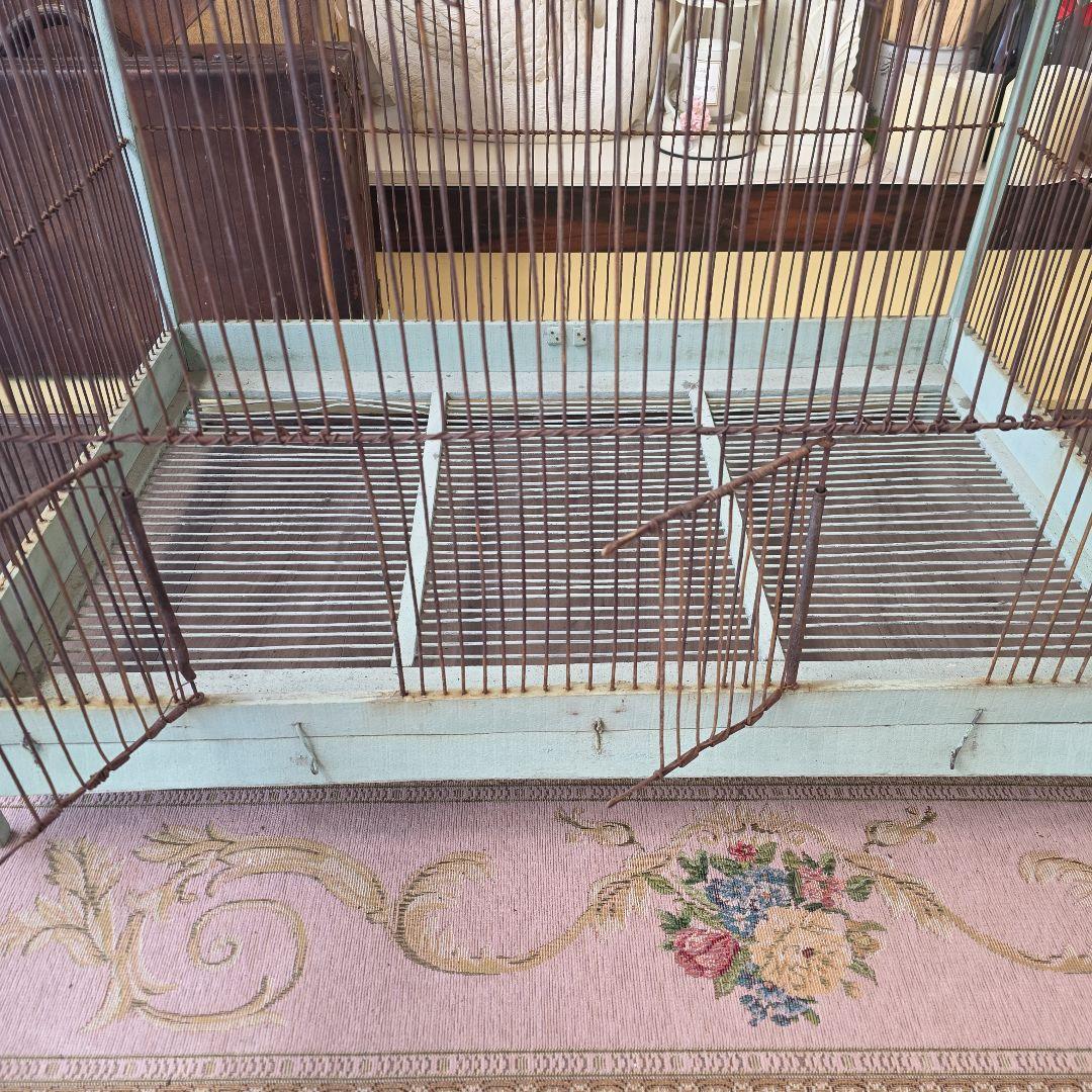 フランスアンティーク　エメラルドグリーン　アーチ　木製　バードゲージ　大型