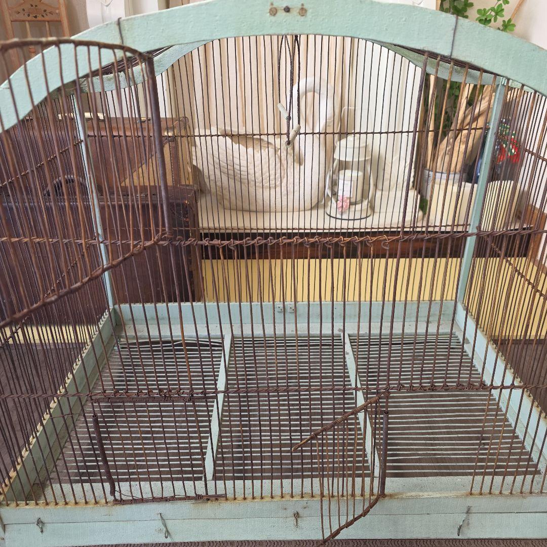 フランスアンティーク　エメラルドグリーン　アーチ　木製　バードゲージ　大型