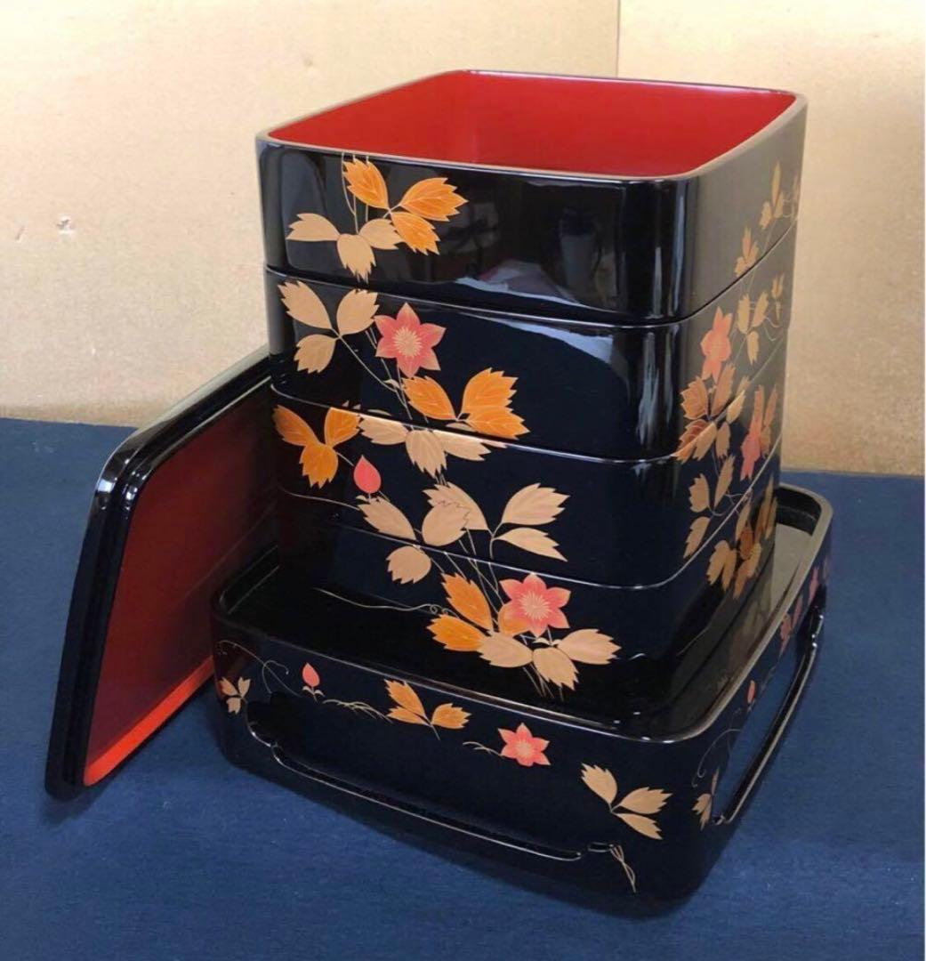 《R》輪島塗 蒔絵付 四段重 重台付【稲忠漆芸堂謹製】共箱251104う3