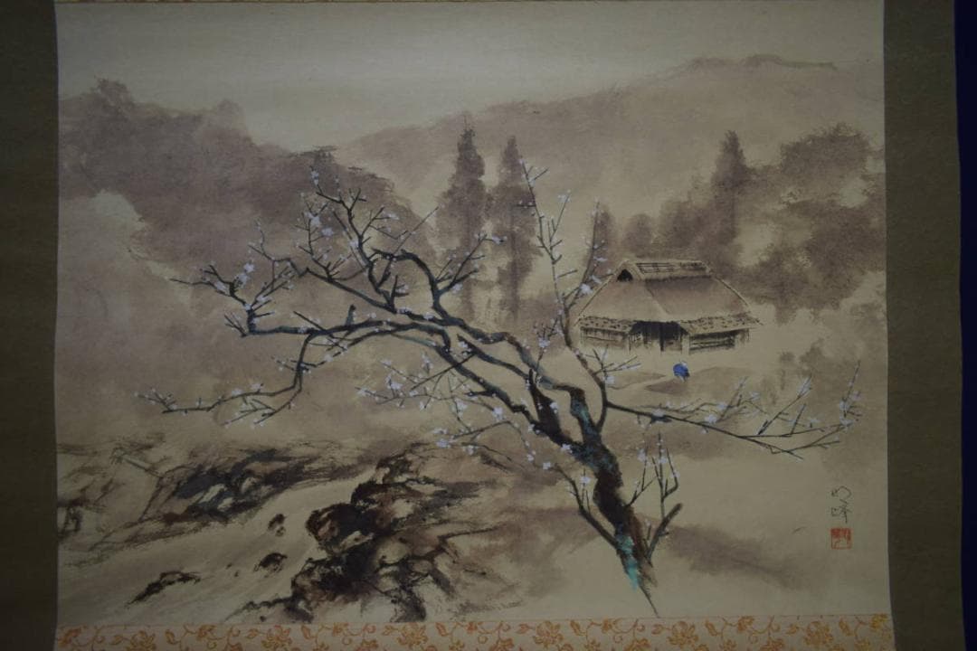 真作/明峰/桜/山水人物図/布袋屋掛軸HJ-11