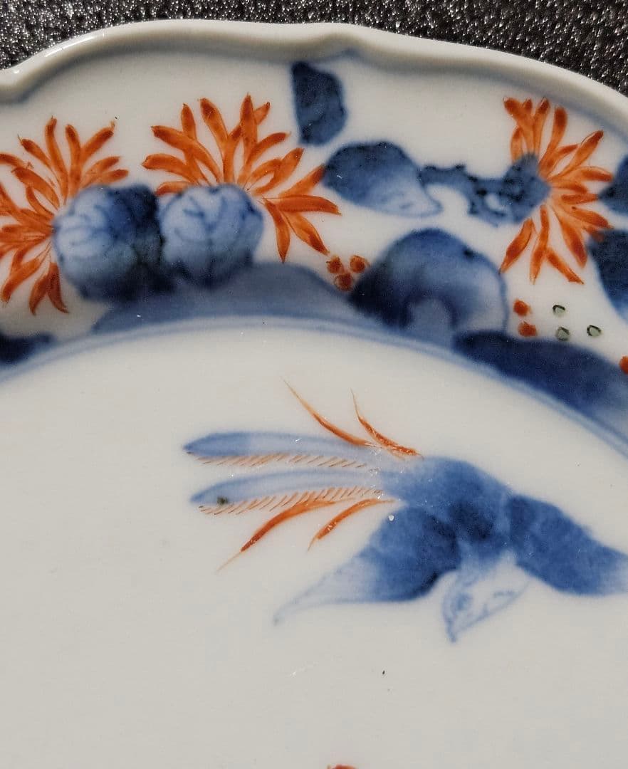 【名品❗】江戸時代後期　柿右衛門様式　染錦　双鳥に　梅花紅葉赤花図　輪花皿　2客