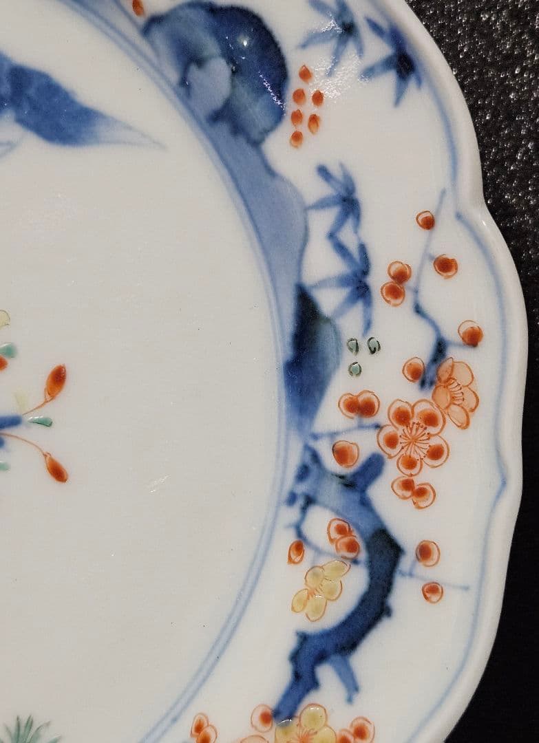 【名品❗】江戸時代後期　柿右衛門様式　染錦　双鳥に　梅花紅葉赤花図　輪花皿　2客