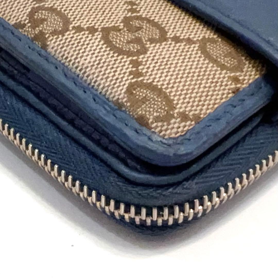 グッチ 折り財布 GGキャンバス GG ラウンドファスナー コンパクト ブルー