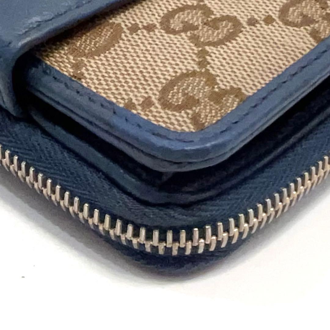 グッチ 折り財布 GGキャンバス GG ラウンドファスナー コンパクト ブルー