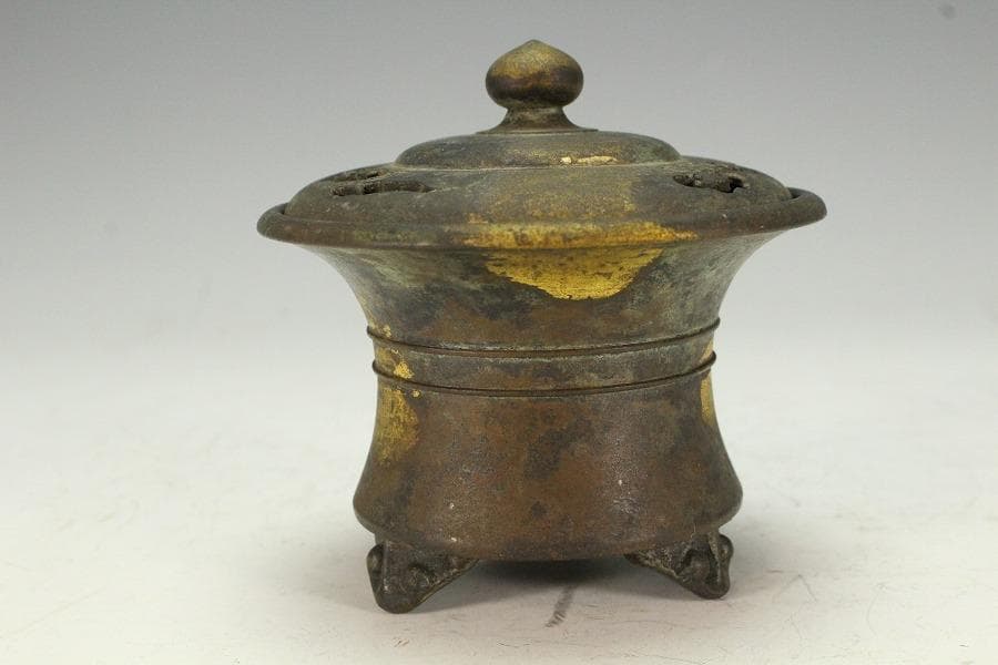 蔵六造 飛金 刻 霊芝 青銅 香炉 在名(K-XA807)