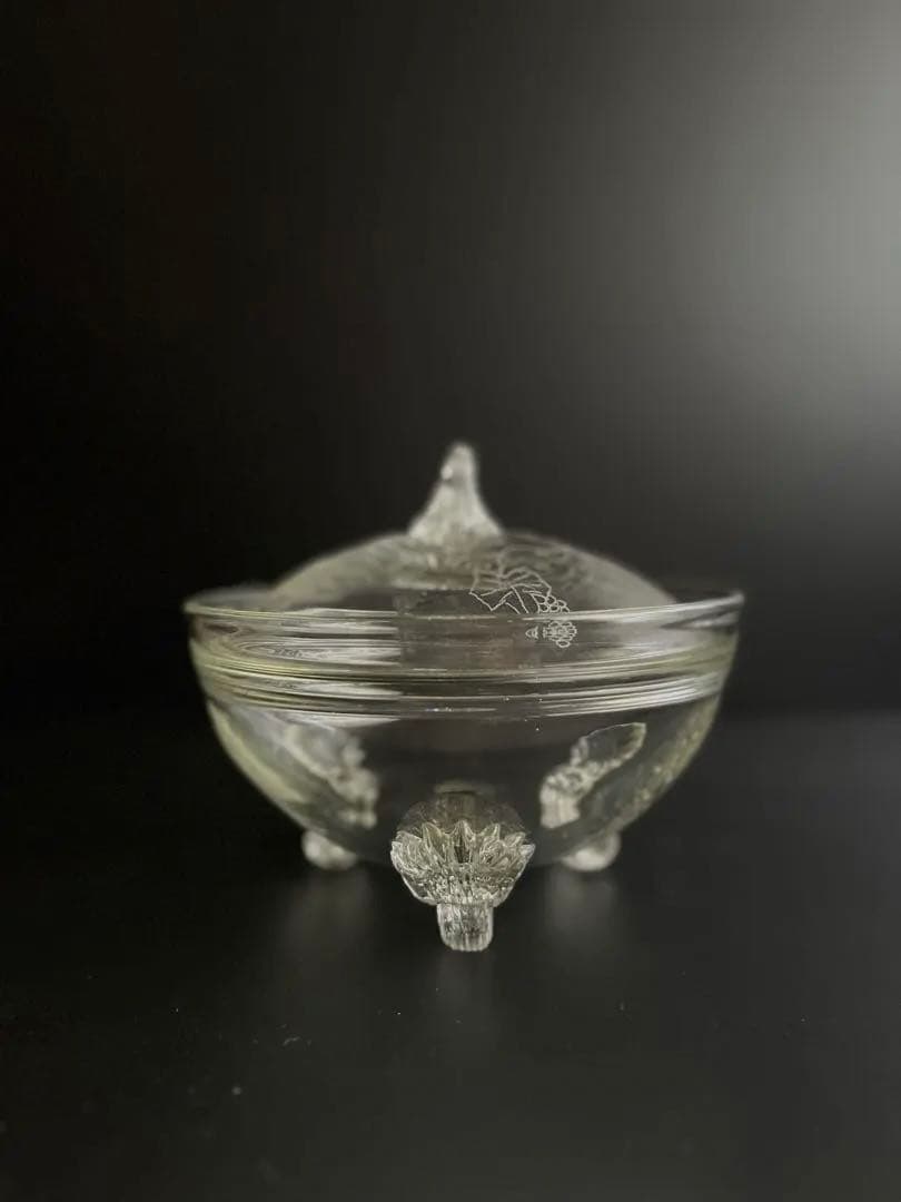 669 骨董 アンティーク 和ガラスの蓋物 菓子器 三つ脚 エッチング 大正期
