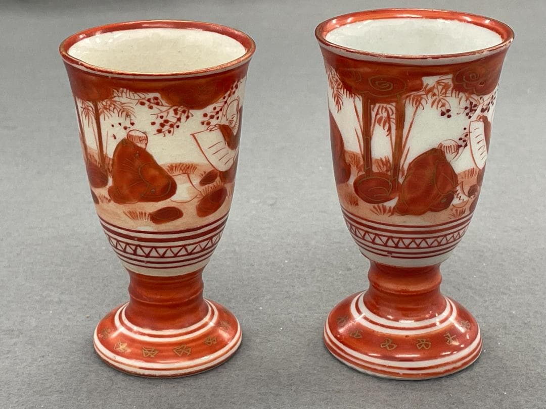 九谷焼 赤絵盃 酒盃 馬上杯 人物文人 幕末明治 2客