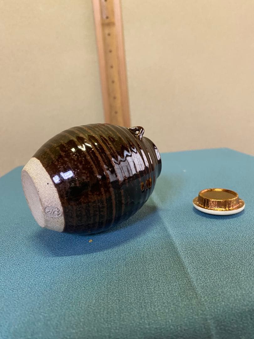 ⭐️本日限定⭐️古膳所写耳付茶入 陽炎園(岩崎新定) 遠州市松宝 西陣織 共箱