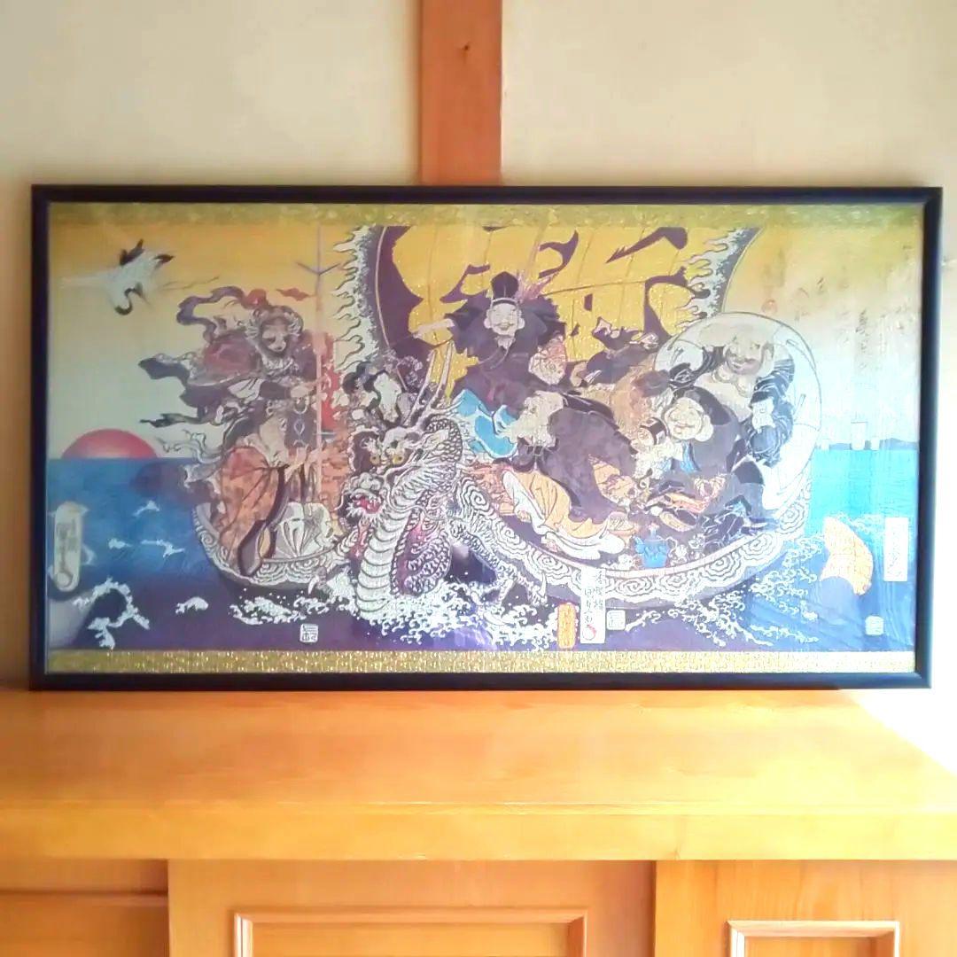 七福神 額縁入り 大型パズル 完成品 縁起物 宝瑞 宝船 金箔和紙 廃盤品 正月