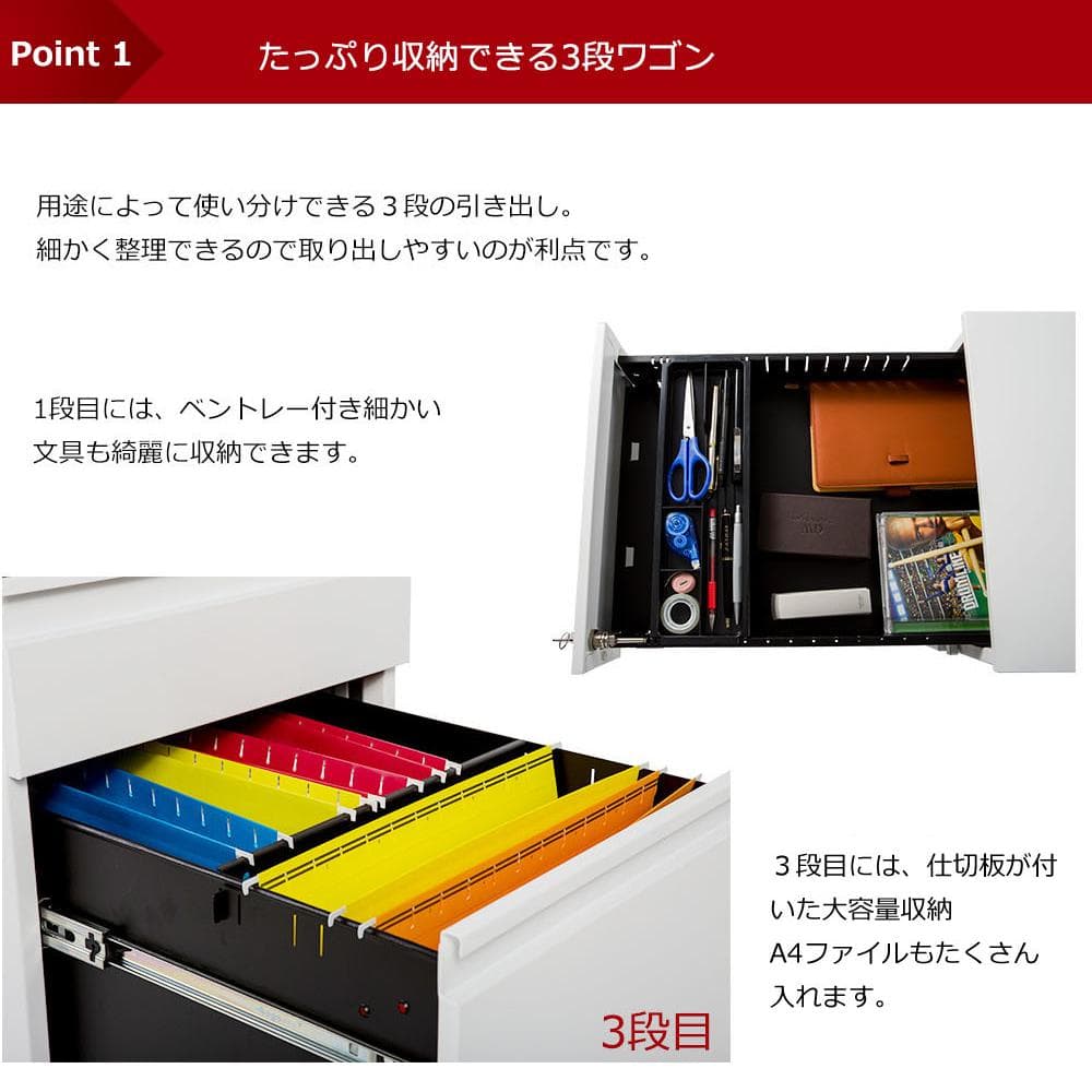 オフィスワゴン 完成品 オフィスワゴン 大容量 3段 組立て不要 キャスター付