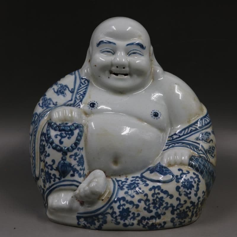 青花弥勒仏像 陶磁器 美術品 装飾品 工芸品 置物
