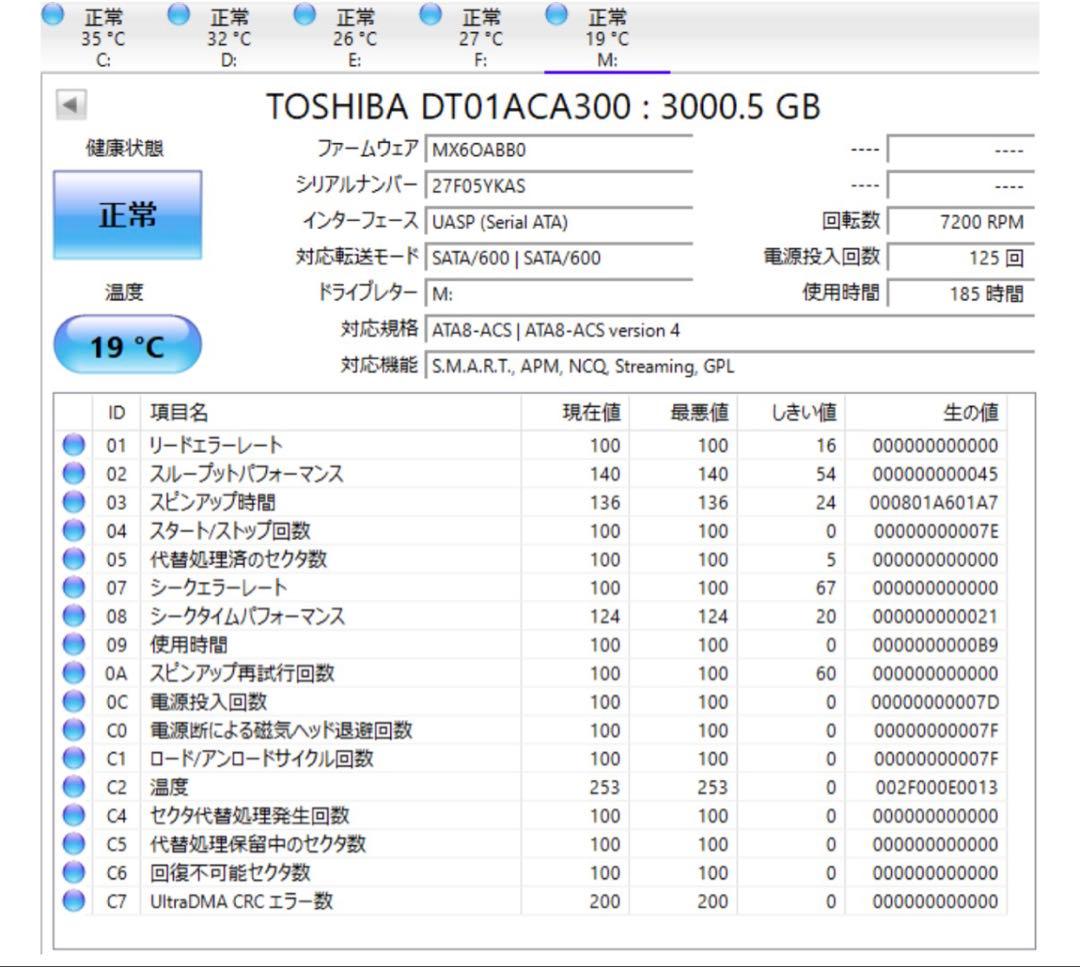 3TB 4セットTOSHIBA 内蔵HDD 7200回転SATA使用185hから