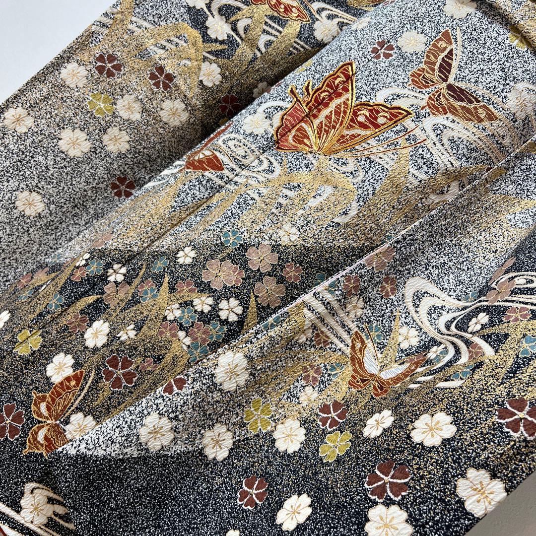 356 振袖フルセット 正絹 グレー 黒モノトーン 金彩 たたき染め シック