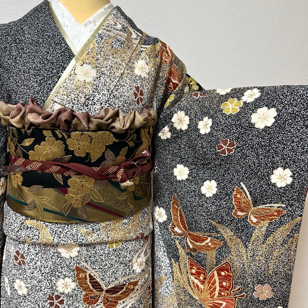 356 振袖フルセット 正絹 グレー 黒モノトーン 金彩 たたき染め シック