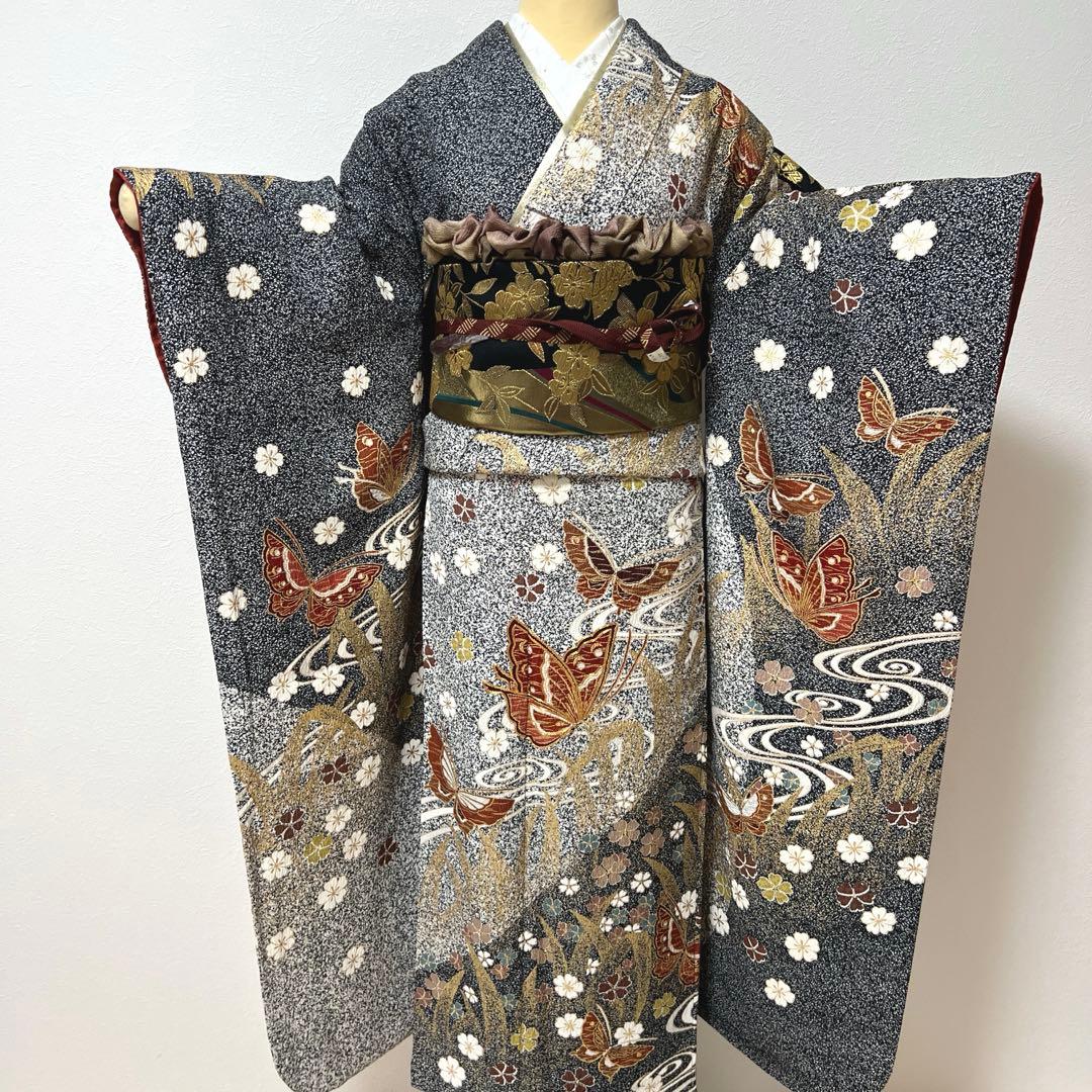 356 振袖フルセット 正絹 グレー 黒モノトーン 金彩 たたき染め シック