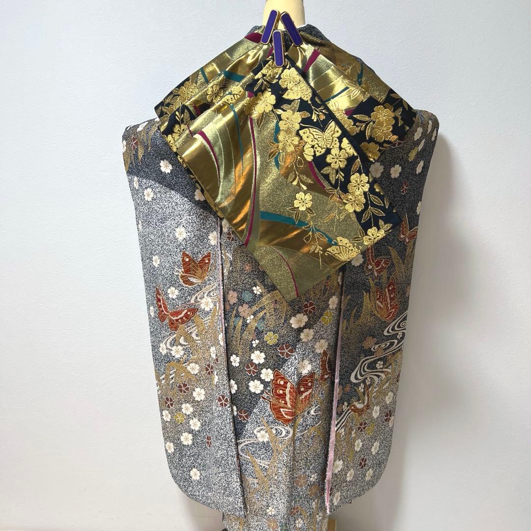 356 振袖フルセット 正絹 グレー 黒モノトーン 金彩 たたき染め シック