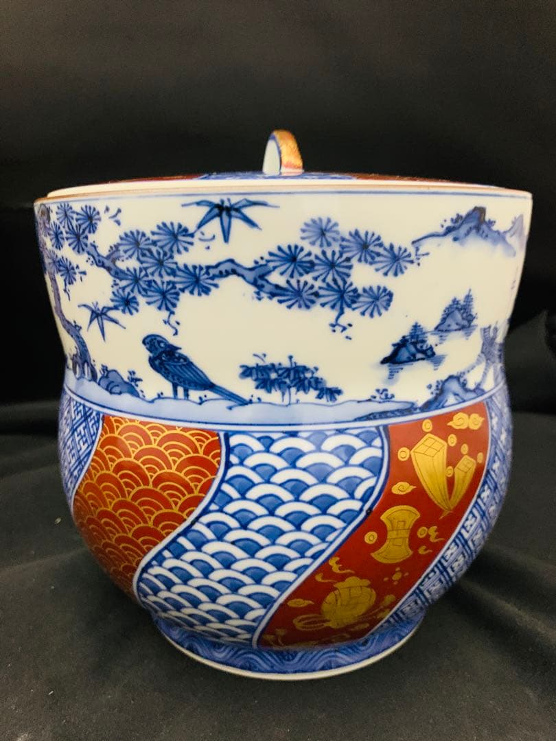 曽根幸風造　染付祥瑞金襴手水指　平安　京焼　栞黄布共箱付き