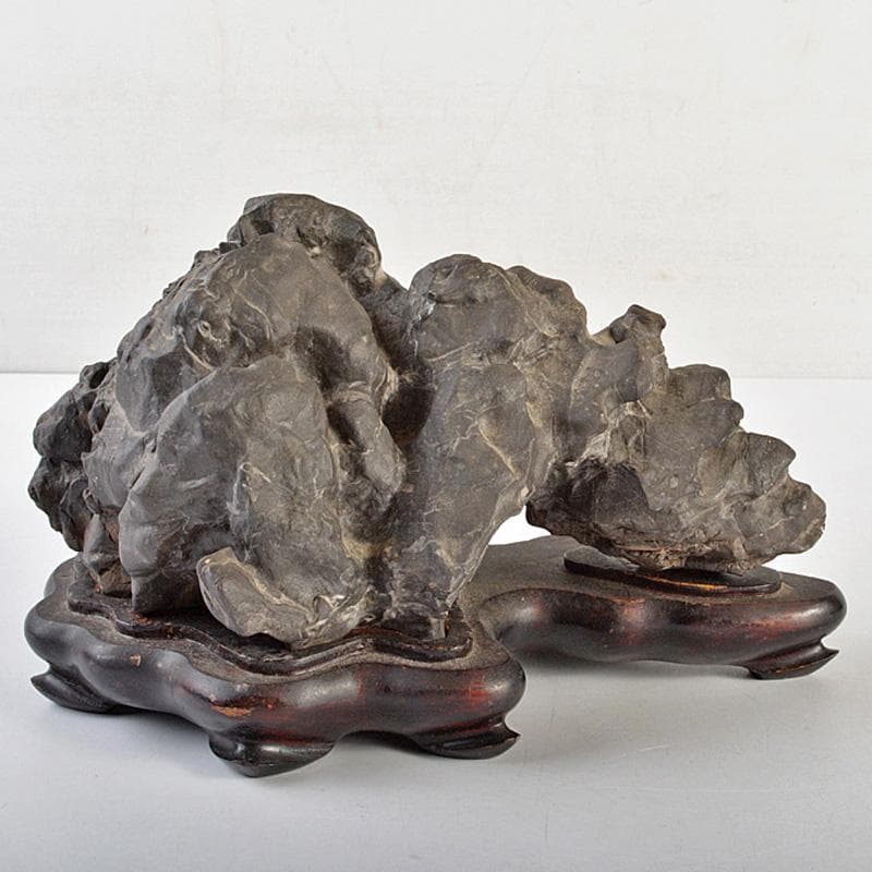 中国　鑑賞石　太湖石　霊壁石　置物　唐木台付　V　R7487