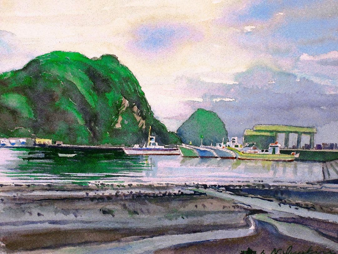 水彩画 毘沙門の海の風景 木製フレーム