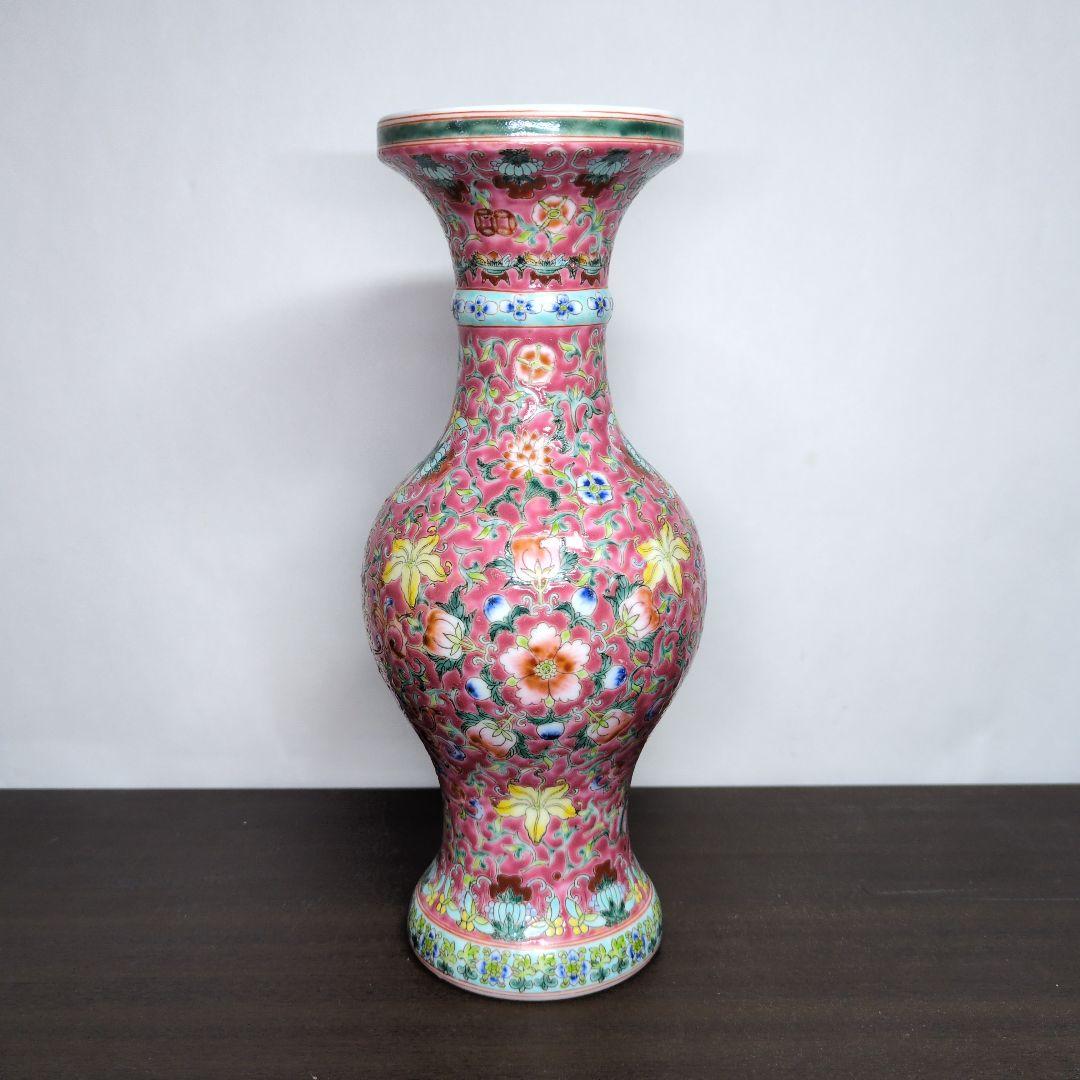 大清光緒年製 款 五彩 花唐草文 瓶 高さ約29cm