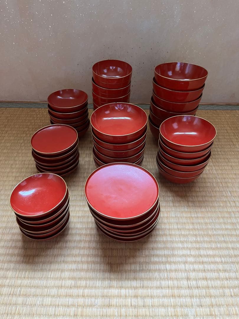 蔵出し 朱塗りのお膳6セットとその他　大量まとめセット！　レトロ品　漆器食器