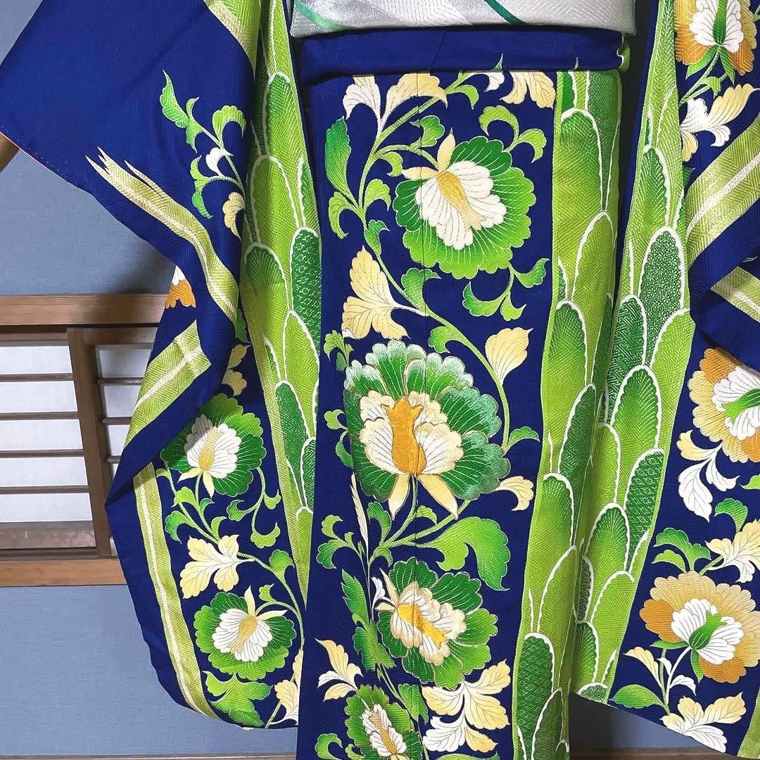 振袖フルセット　手描き友禅　ロイヤルブルーに更紗紋様が異邦人　成人式振袖　振袖