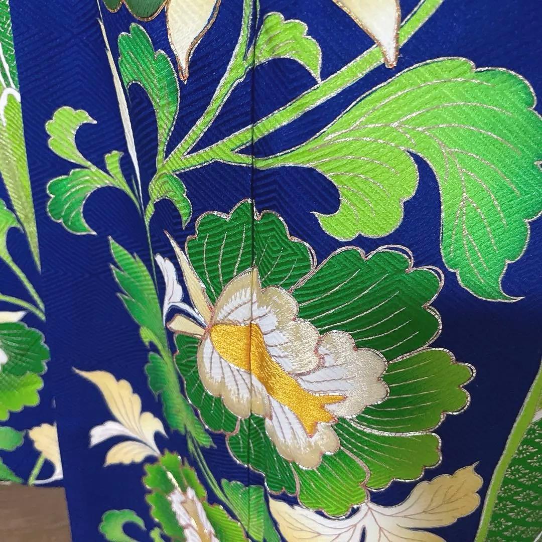 振袖フルセット　手描き友禅　ロイヤルブルーに更紗紋様が異邦人　成人式振袖　振袖