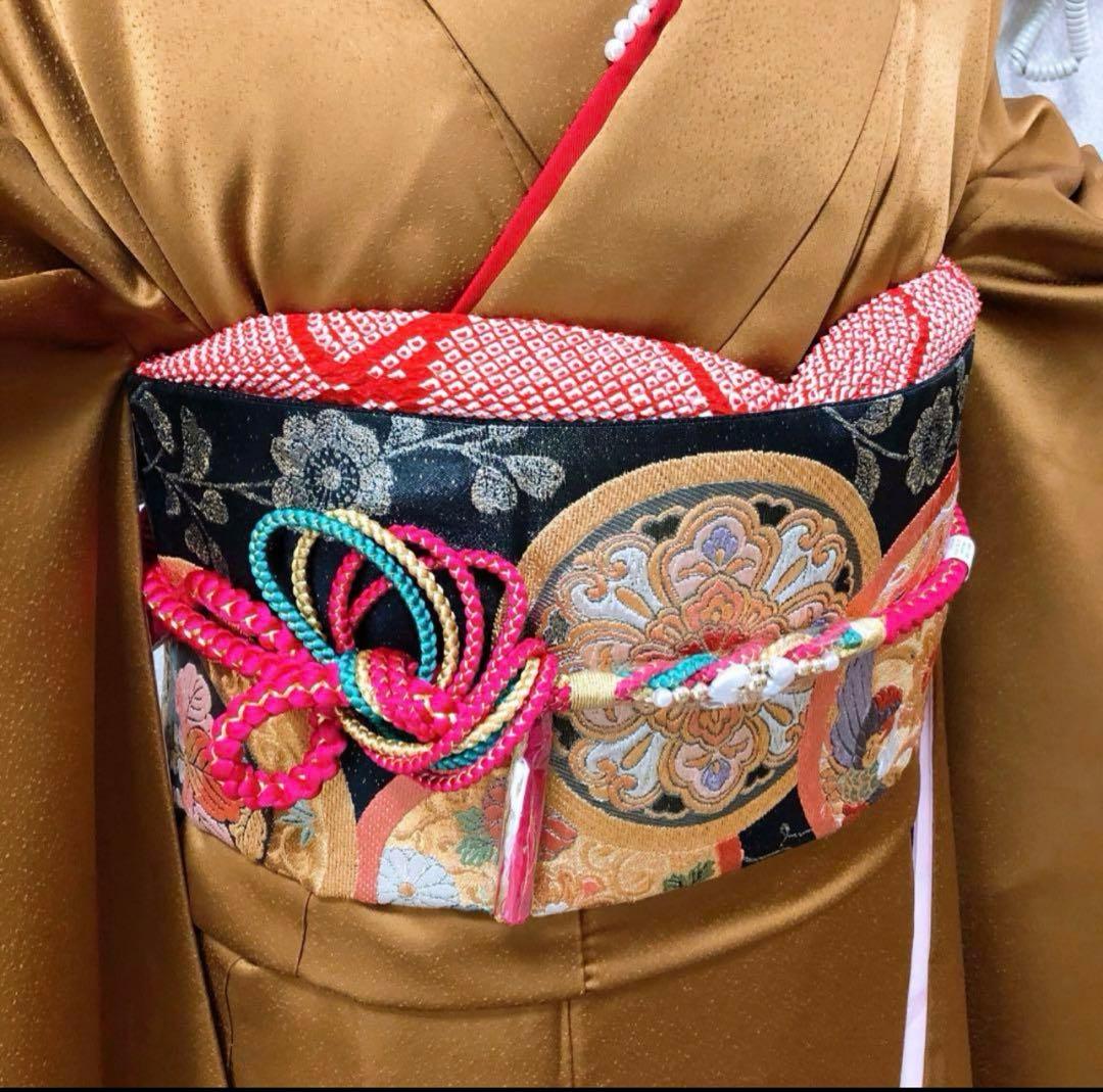 ☆極美品☆振袖フルセット 正絹　シンプル　レトロ　袋帯　黒　からし色