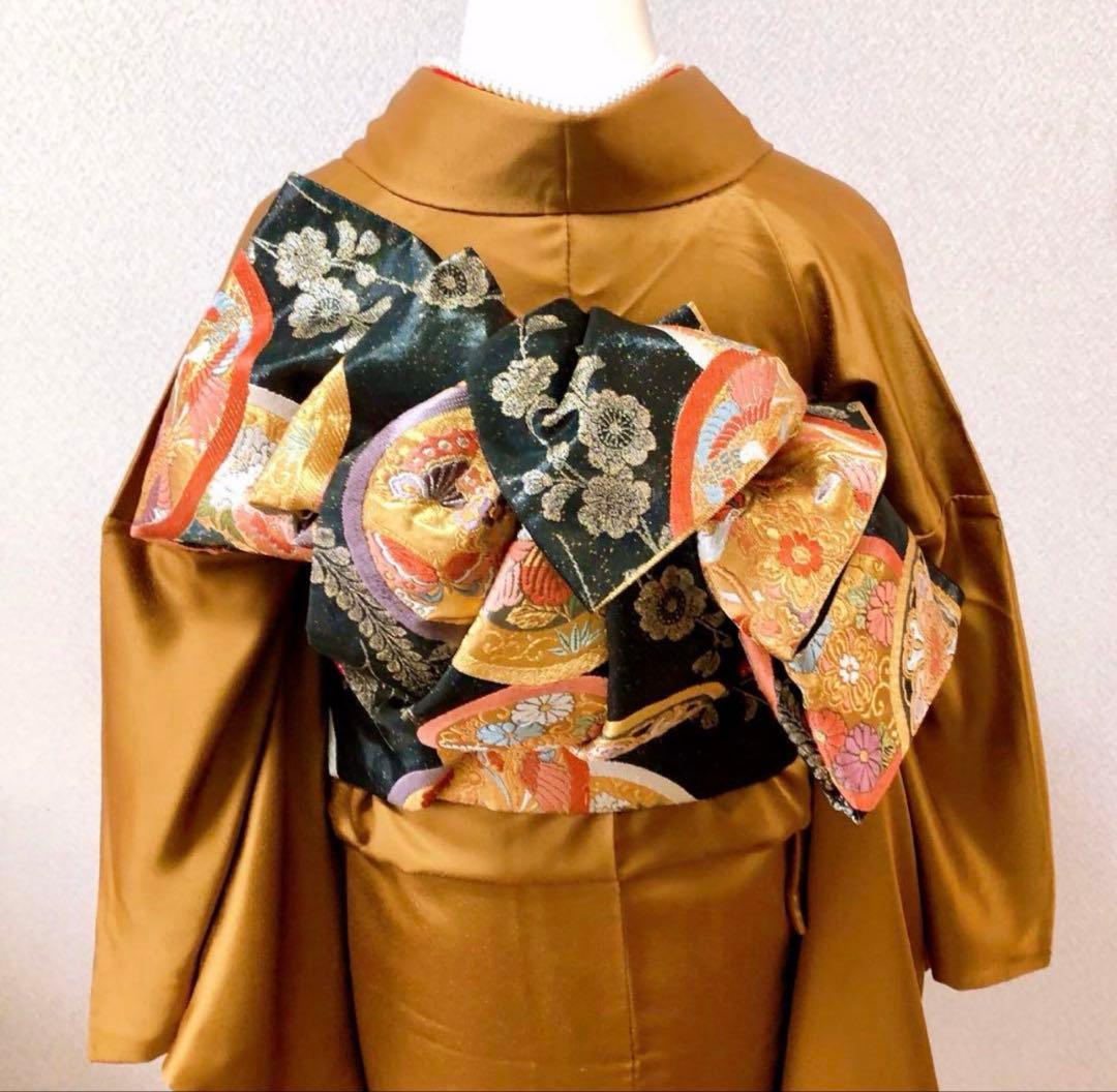 ☆極美品☆振袖フルセット 正絹　シンプル　レトロ　袋帯　黒　からし色