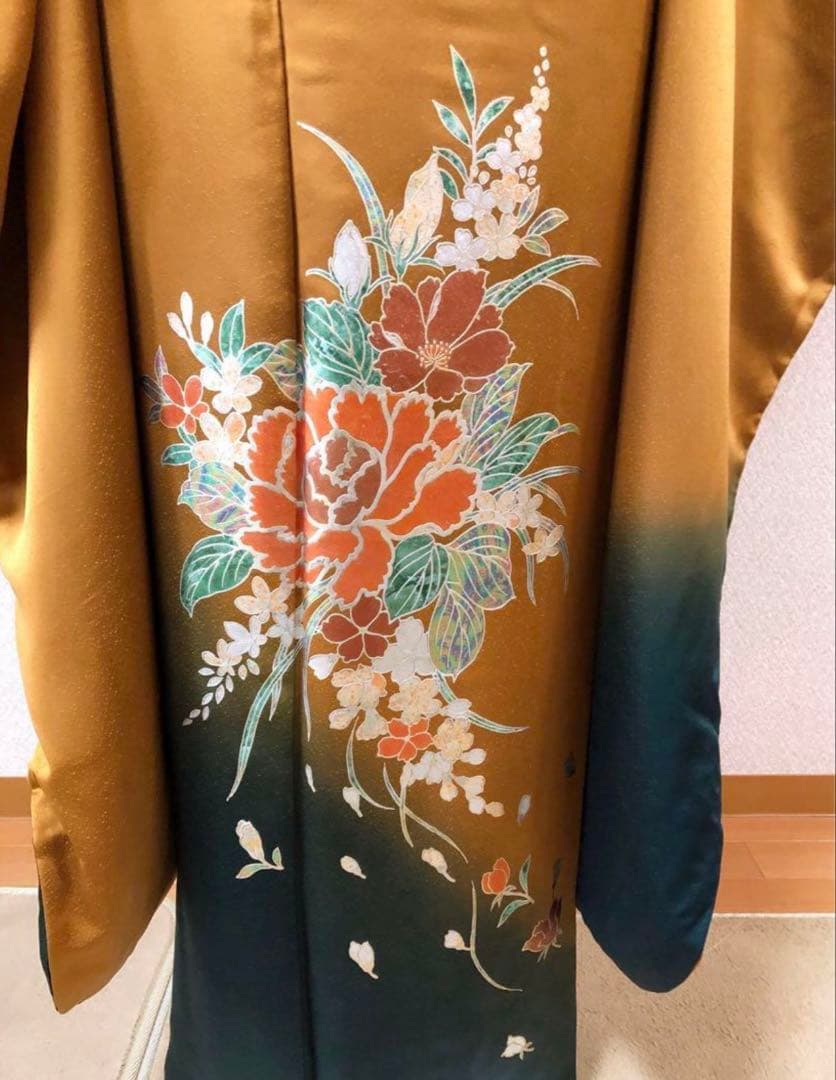 ☆極美品☆振袖フルセット 正絹　シンプル　レトロ　袋帯　黒　からし色