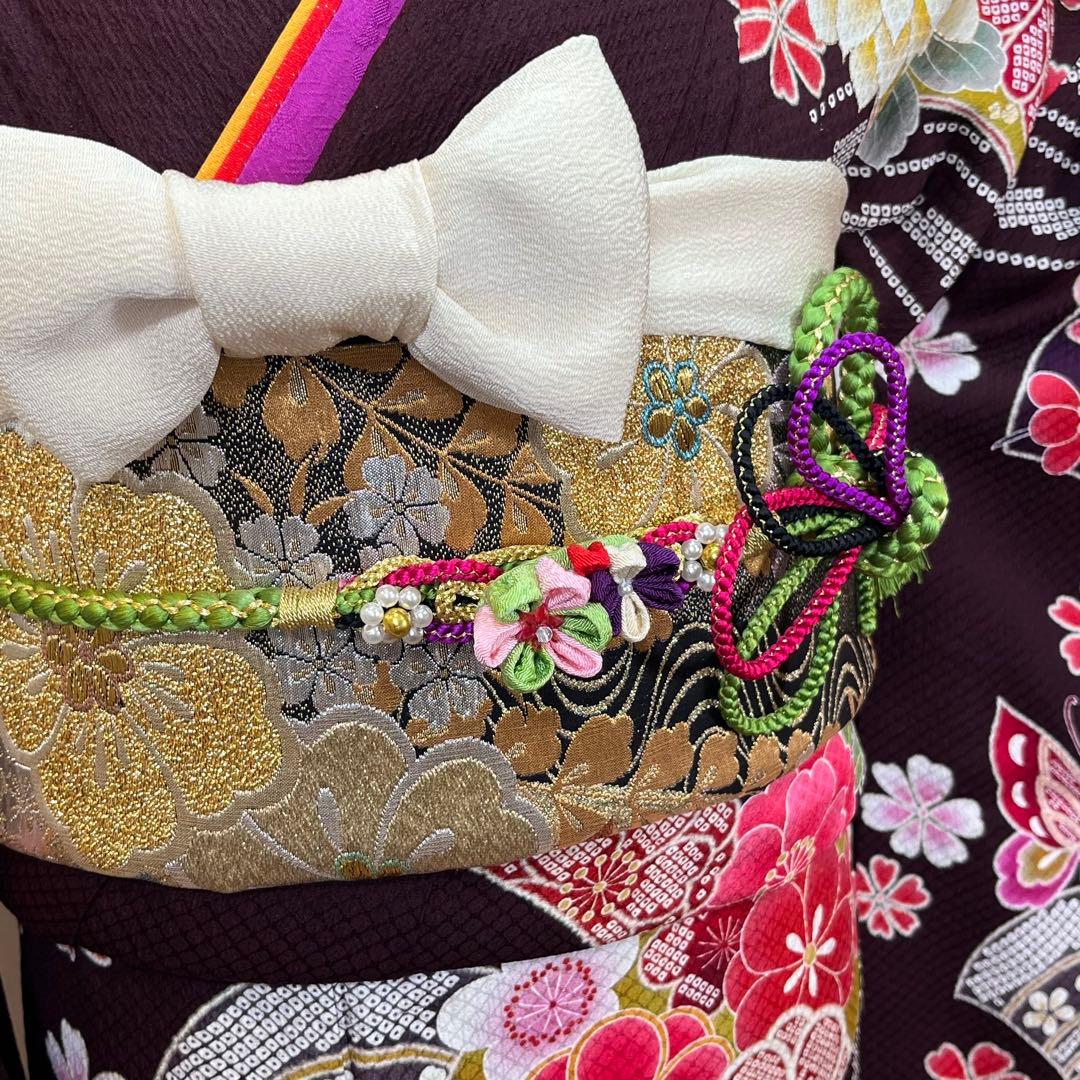 振袖　振り袖　成人式　フルセット　正絹　赤茶　赤　茶　絞り　牡丹　蝶　桜　花柄