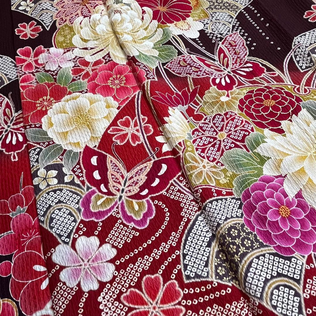 振袖　振り袖　成人式　フルセット　正絹　赤茶　赤　茶　絞り　牡丹　蝶　桜　花柄