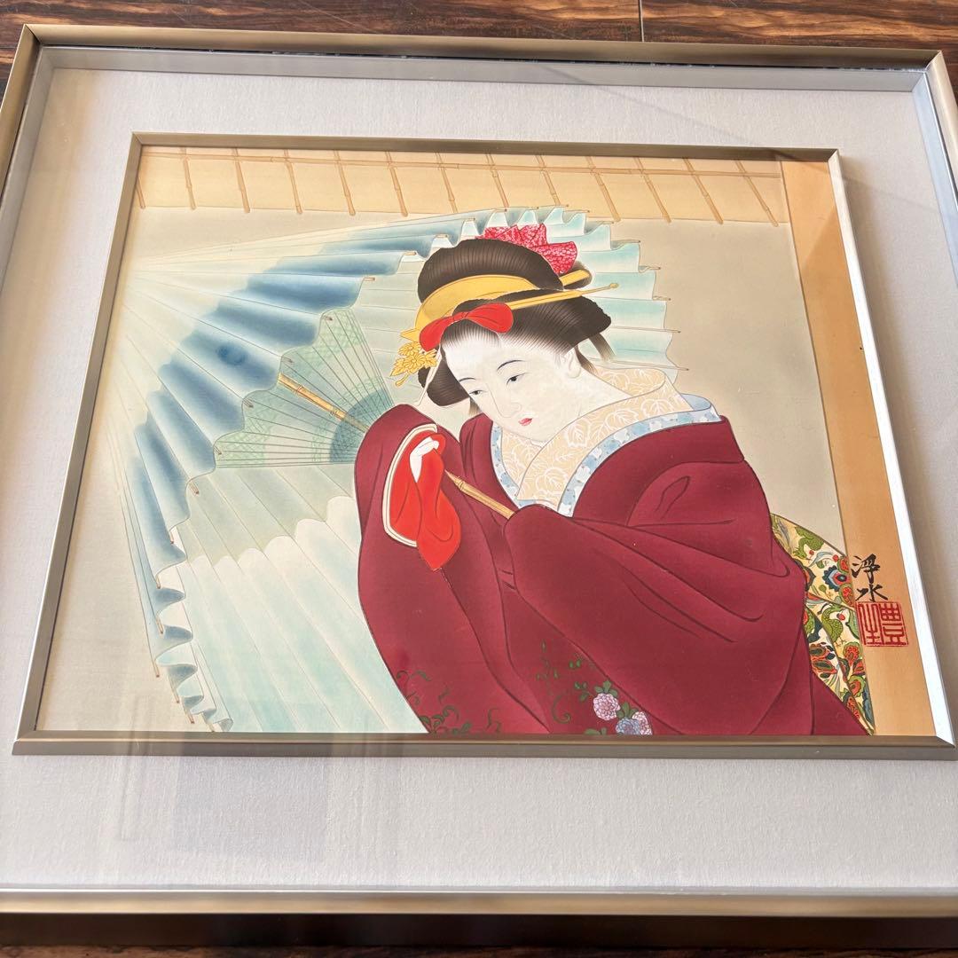 堀江浮水 (堀江豊生) 肉筆「雨乃日」額装 美人画 日本画 A