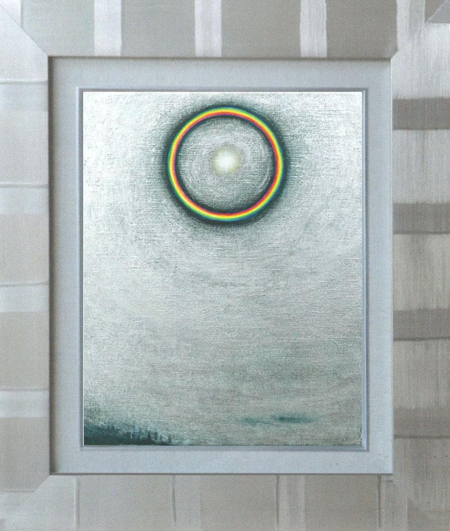 油絵 菅家令子 絵 絵画インテリア額付(青緑＋金色の枠)F3-S102023祈り