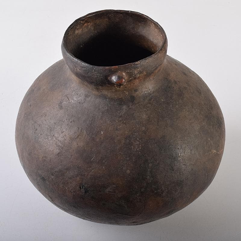 弥生式土器　黒釉　双耳丸瓶　壷　時代箱付　V　R8584B