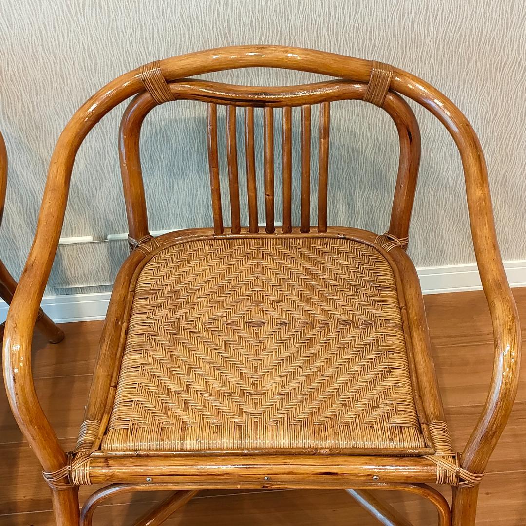 ビンテージラタン　ダイニングテーブルセット　ガラステーブル　椅子2脚付き